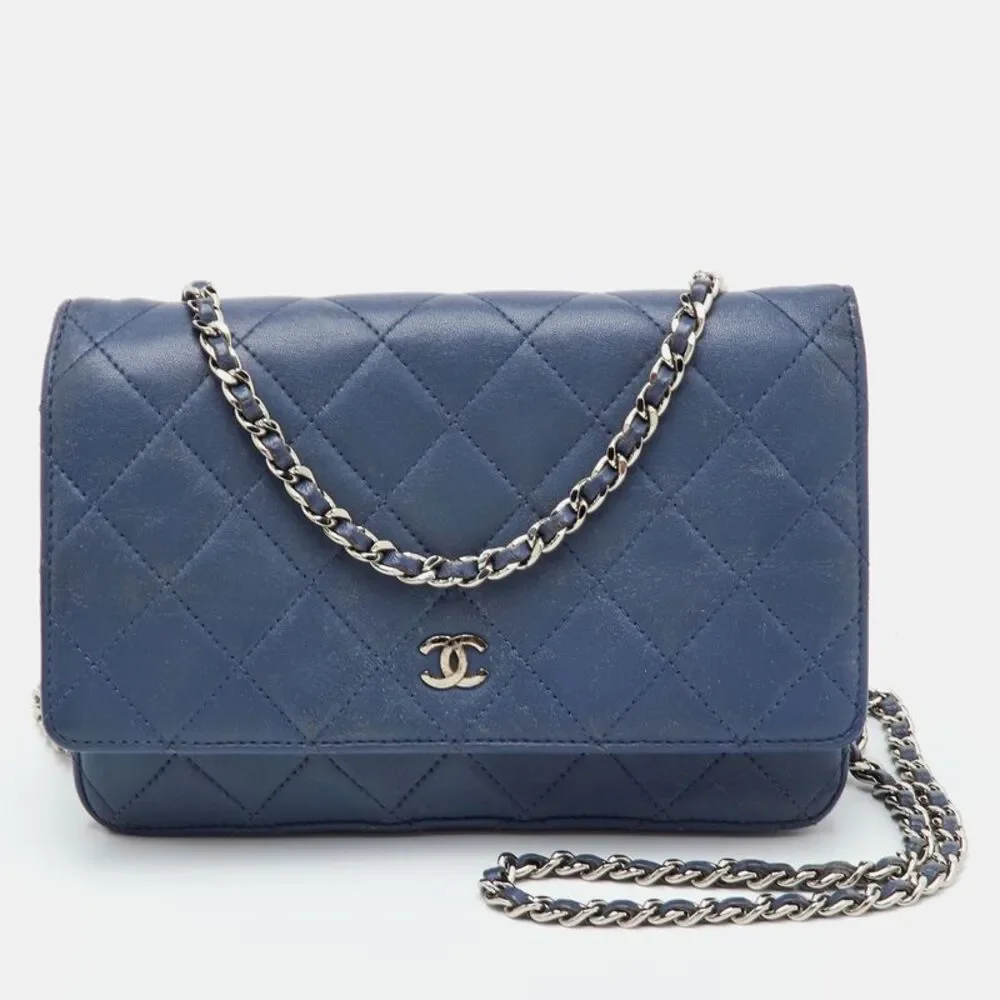 Chanel Woc Blue Quilted Leather Classic Wallet On Chain